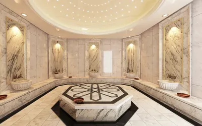 Natural stone bathroom and hammam interior with Turkish marble and travertine