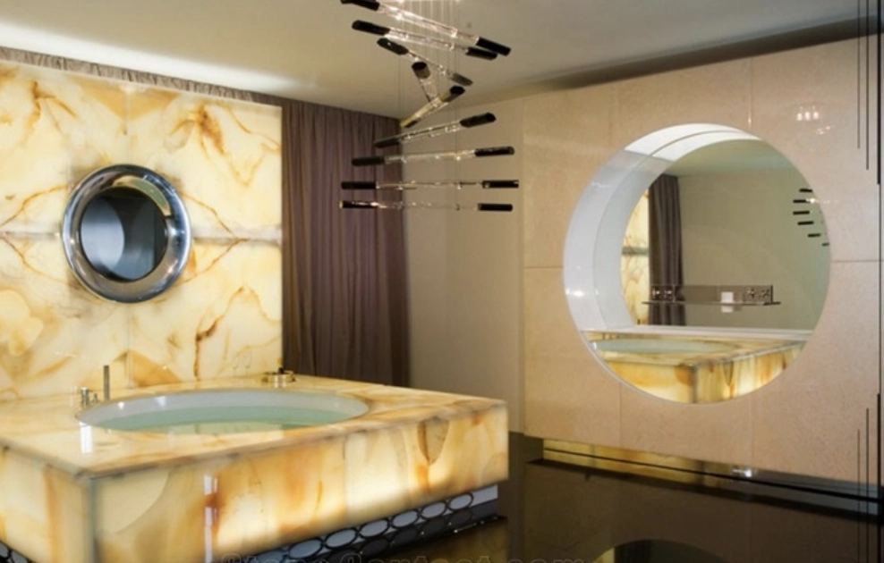 Backlit onyx wall and counter