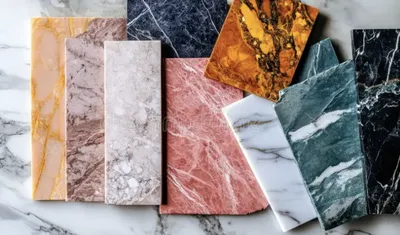 Architect evaluating Turkish marble and travertine samples on a table